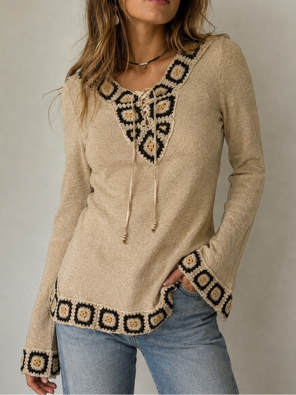 San Francisco Crochet Trim Lace Up Boho 70s Style Tunic Top XS